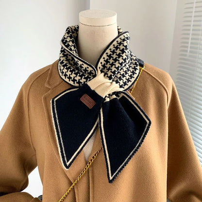 Foulard Écharpe Pied-de-Poule Luxe Femme - Tricot Long Mince Hiver Cou