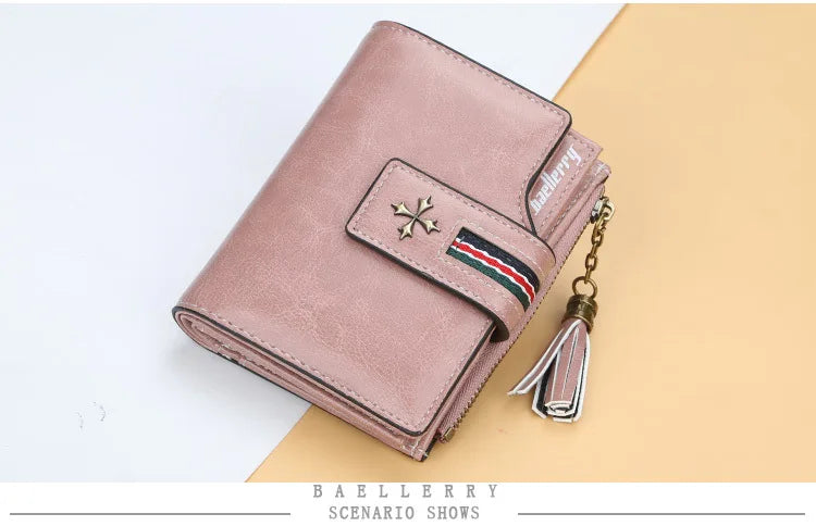 Portefeuille Femme Court Cuir Cire Huile Zippé Hasp - Porte-Carte Crédit Compact Fashion Rose