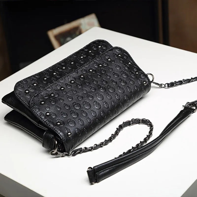 Sac Bandoulière Skull JIEROTYX Cuir - Petit Sac Épaule Tête de Mort Chaîne Luxe Femme