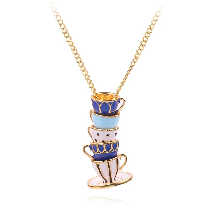 Collier Pendentif Tasse Thé Émail Fait Main - Chaîne Longue Pull Bohème