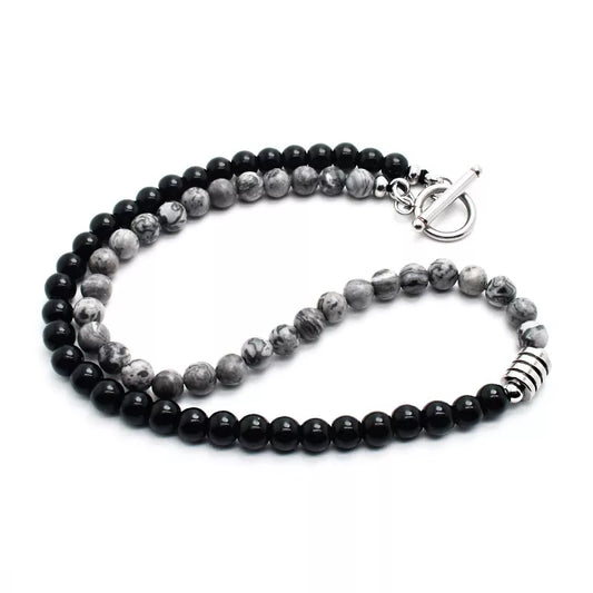 Men's Stainless Steel Tiger's Eye Map Stone Necklace - Two-Tone Titanium Pendant Street
