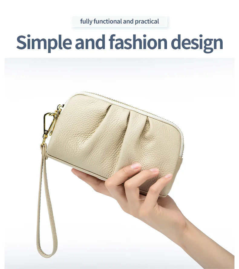 Portefeuille Femme Cuir Véritable Grande Capacité - Porte-Monnaie Long Zippé Multifonction avec Dragonne