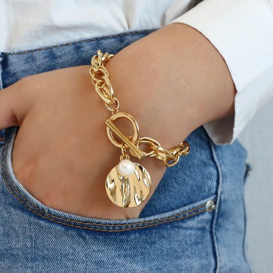 Bracelet Chaîne Chunky Perles Eau Douce – Bangle Vintage Bohème Doré