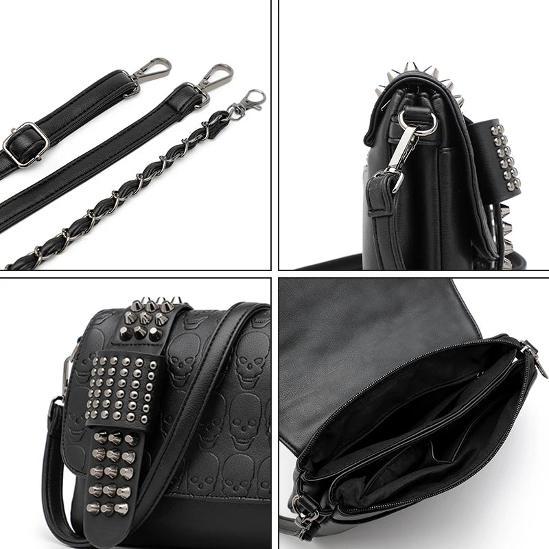 Sac Bandoulière Femme Cuir Noir Vintage - Messenger Rivets Crâne Style Rock