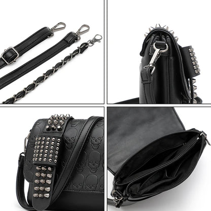 Sac Bandoulière Femme Cuir Noir Vintage - Messenger Rivets Crâne Style Rock