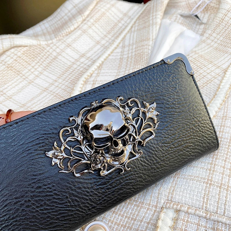 Portefeuille Femme Long Tête de Mort - Porte-Monnaie Design Luxe Skull avec Étui Téléphone