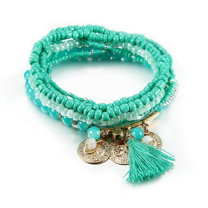 Bracelet Bohème Multicouche Femme - Perles Verre Pampille Or - Bijoux Fantaisie