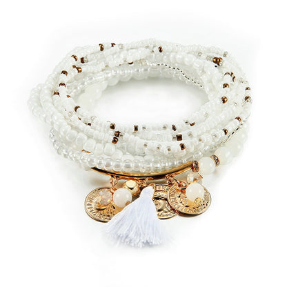 Bracelet Bohème Multicouche Femme - Perles Verre Pampille Or - Bijoux Fantaisie