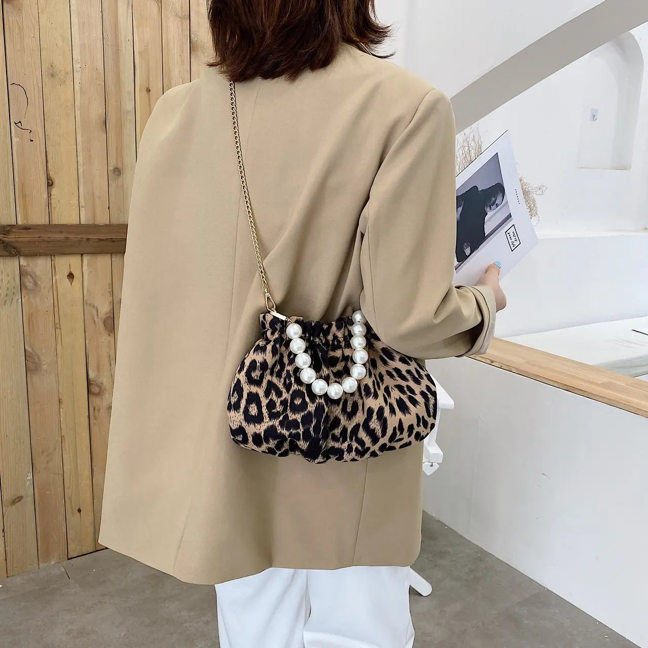 Sac Bandoulière Femme Motif Léopard - Sac Crossbody Chaîne Perles Tendance