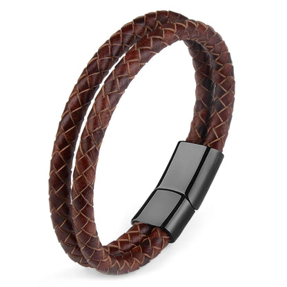 Bracelet Cuir Véritable Double Corde Tressée Homme – Fermoir Magnétique Acier