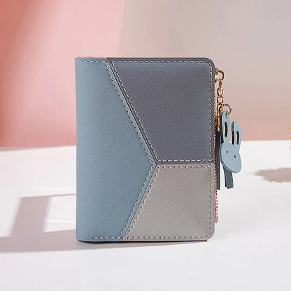 Portefeuille Femme Court avec Pompon - Porte-Monnaie PU Bicolore