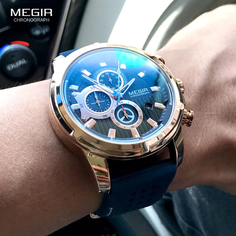 Montre MEGIR Homme Chronographe - Bracelet Silicone Bleu Rose Quartz Sport