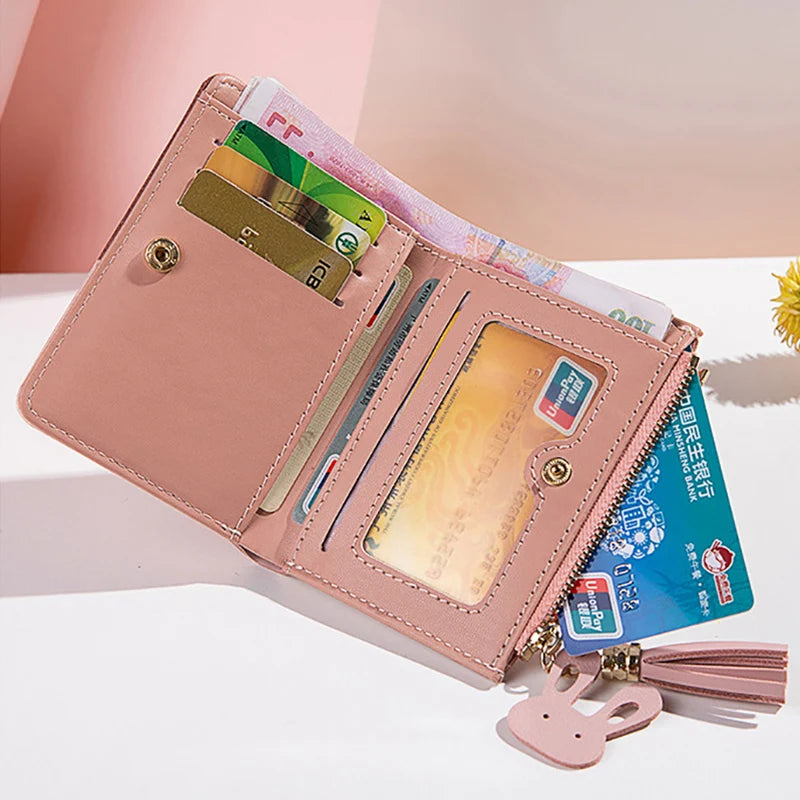 Portefeuille Femme Court avec Pompon - Porte-Monnaie PU Bicolore