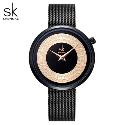 Montre Femme Shengke Maille Métallique Or Rose - Bracelet Mesh Vintage Luxe Classique