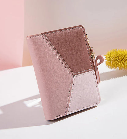 Portefeuille Femme Court avec Pompon - Porte-Monnaie PU Bicolore