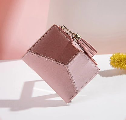 Portefeuille Femme Court avec Pompon - Porte-Monnaie PU Bicolore