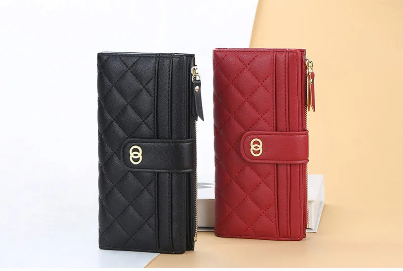 Portefeuille Femme Cuir PU Long Motif Carreaux - Wallet Zipper Porte-Cartes Bleu