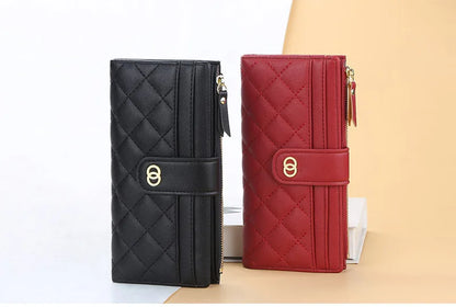 Portefeuille Femme Cuir PU Long Motif Carreaux - Wallet Zipper Porte-Cartes Bleu