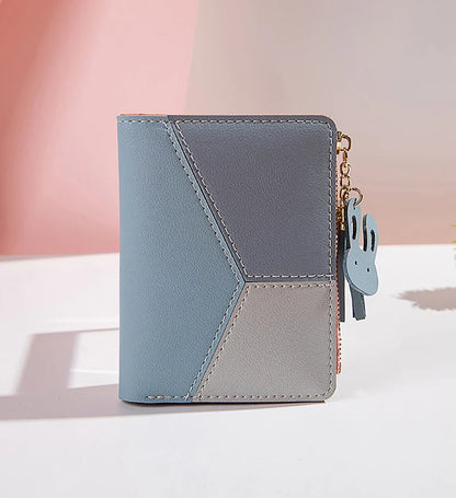 Portefeuille Femme Court avec Pompon - Porte-Monnaie PU Bicolore