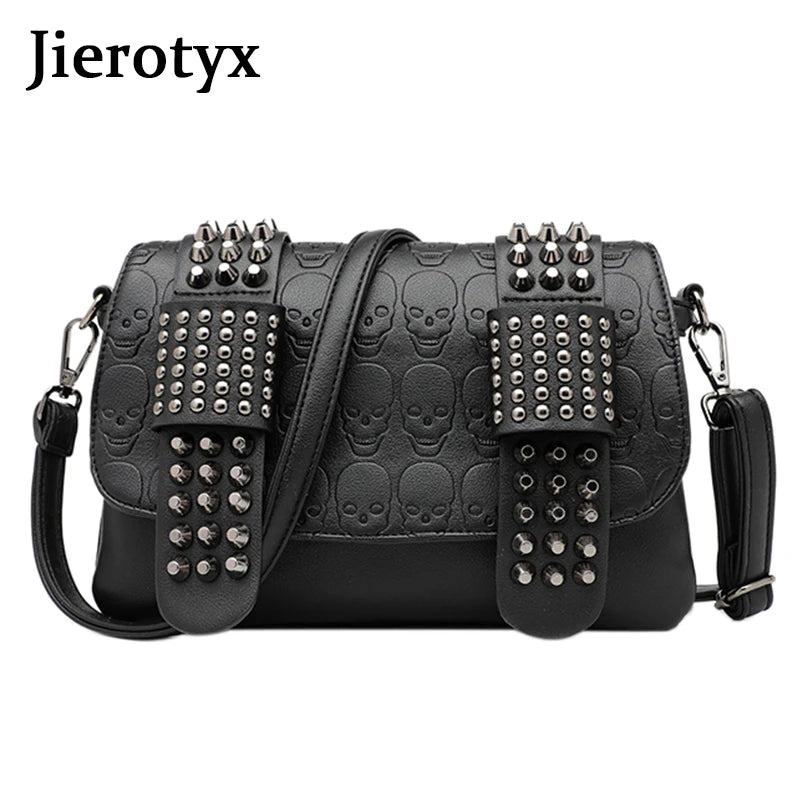 Sac Bandoulière Femme Cuir Noir Vintage - Messenger Rivets Crâne Style Rock