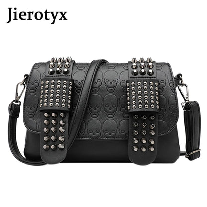 Sac Bandoulière Femme Cuir Noir Vintage - Messenger Rivets Crâne Style Rock