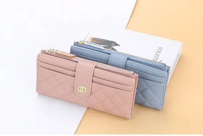 Portefeuille Femme Cuir PU Long Motif Carreaux - Wallet Zipper Porte-Cartes Bleu