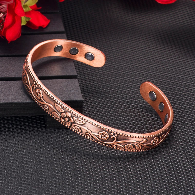 Bracelet Cuivre Pur Magnétique Fleur de Prunier – Thérapie Énergie Femme Vintage