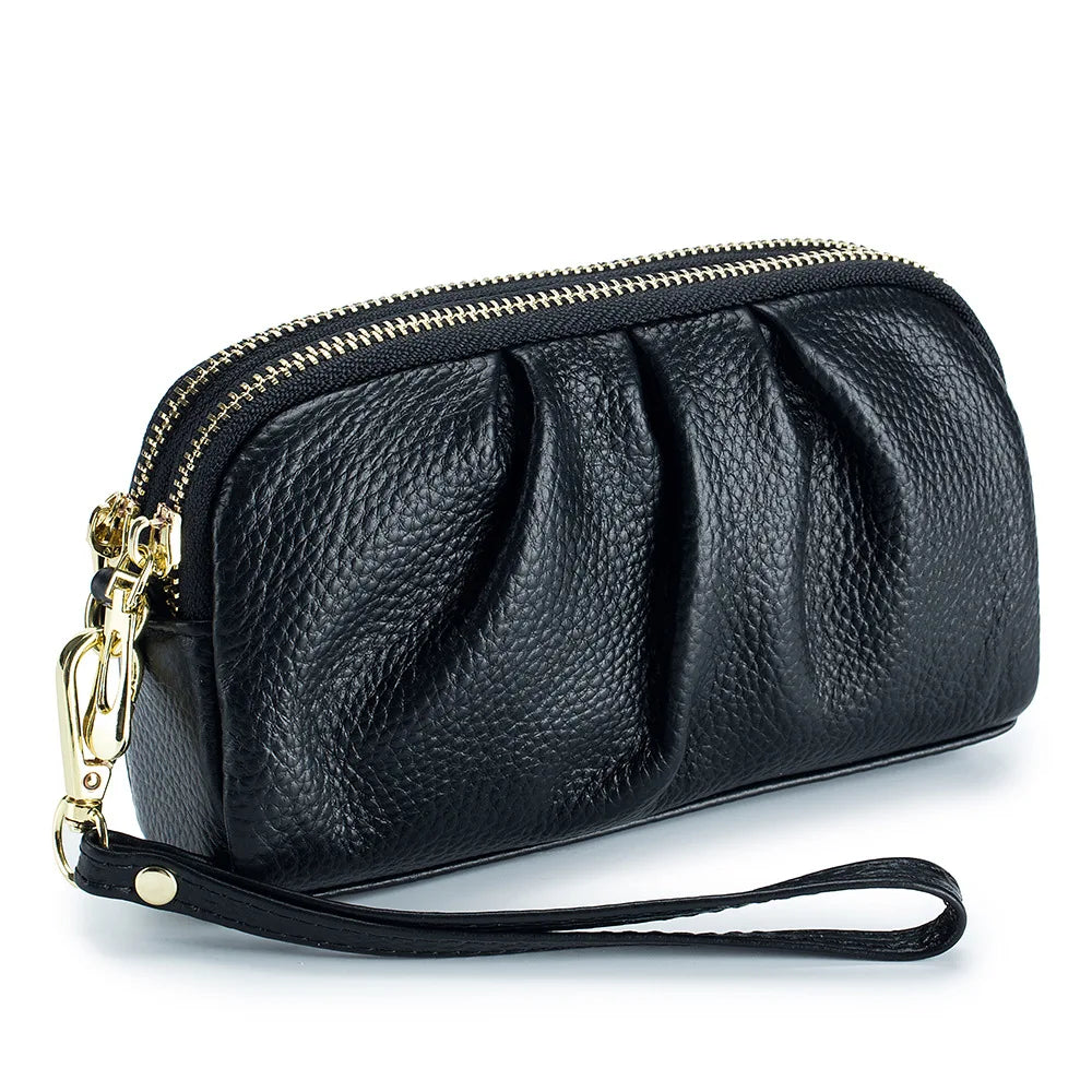 Portefeuille Femme Cuir Véritable Grande Capacité - Porte-Monnaie Long Zippé Multifonction avec Dragonne