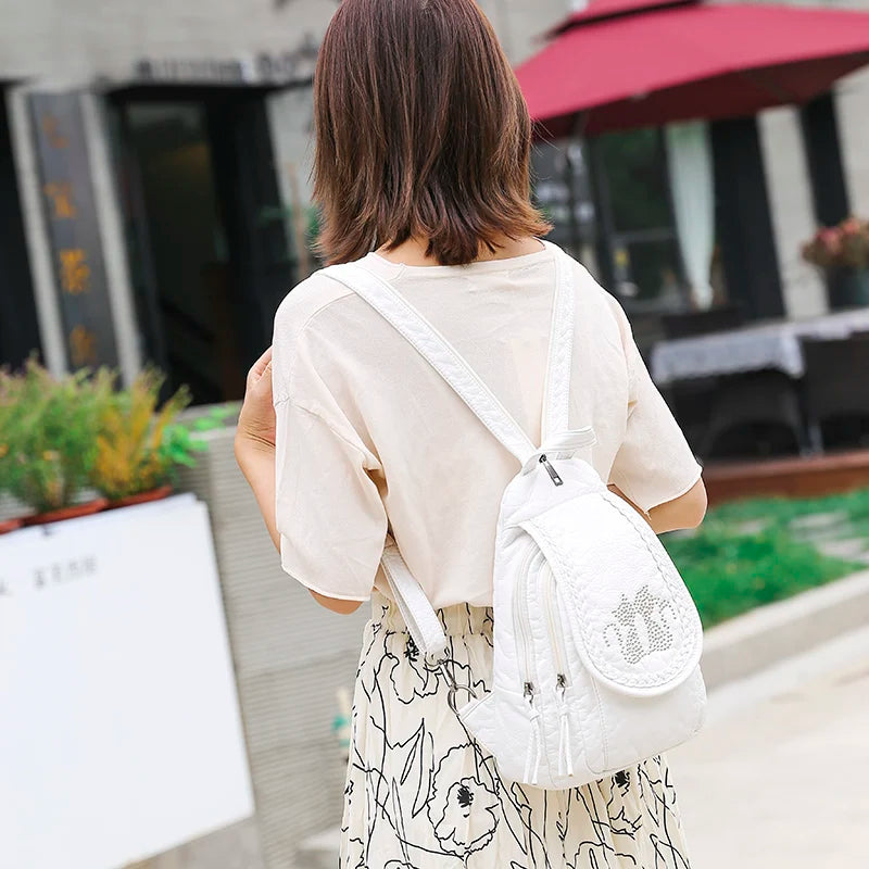 Sac à Dos Femme Cuir Blanc Souple - Backpack École Voyage Élégant Lavé