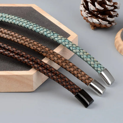 Bracelet Cuir Véritable Double Corde Tressée Homme – Fermoir Magnétique Acier