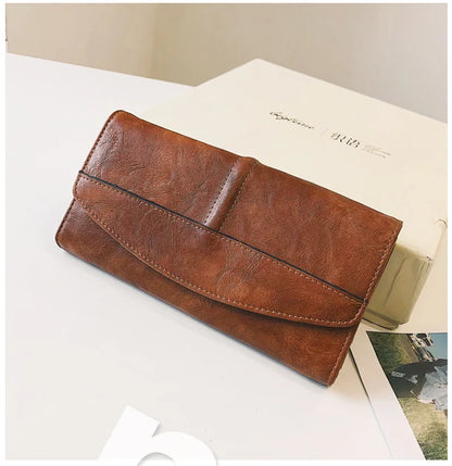 Portefeuille Femme Vintage Cuir PU Long Trifold - Pochette avec Fermoir et Compartiment Téléphone