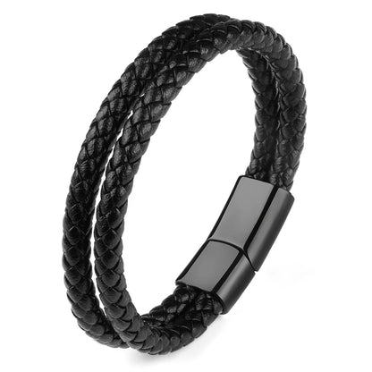 Bracelet Cuir Véritable Double Corde Tressée Homme – Fermoir Magnétique Acier