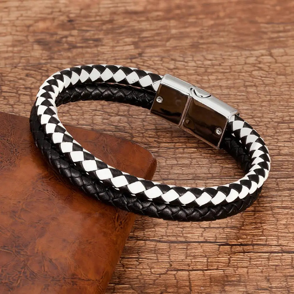 Bracelet Cuir Véritable Multicouche Charm Homme – Aimant Blanc 9 Coloris