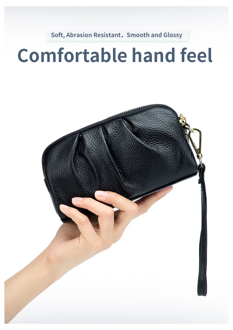 Portefeuille Femme Cuir Véritable Grande Capacité - Porte-Monnaie Long Zippé Multifonction avec Dragonne