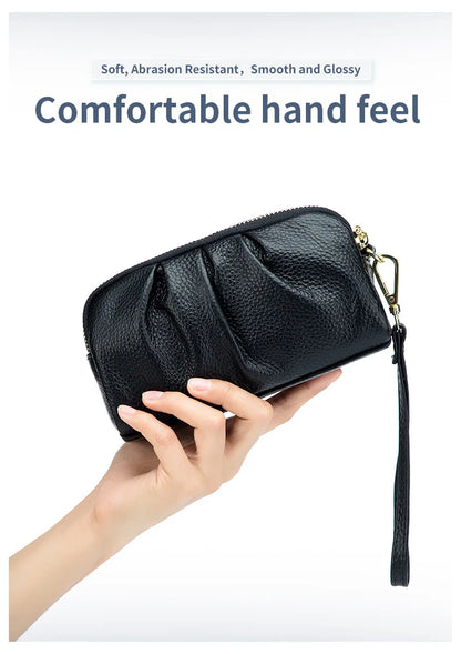 Portefeuille Femme Cuir Véritable Grande Capacité - Porte-Monnaie Long Zippé Multifonction avec Dragonne