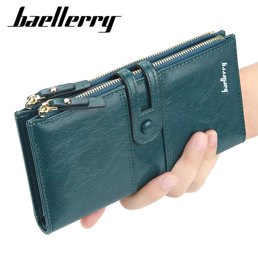 Women's Long Classic Leather Wallet - Card Holder with Zipper