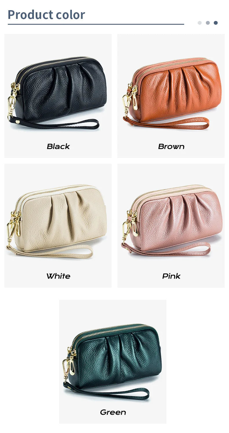 Portefeuille Femme Cuir Véritable Grande Capacité - Porte-Monnaie Long Zippé Multifonction avec Dragonne