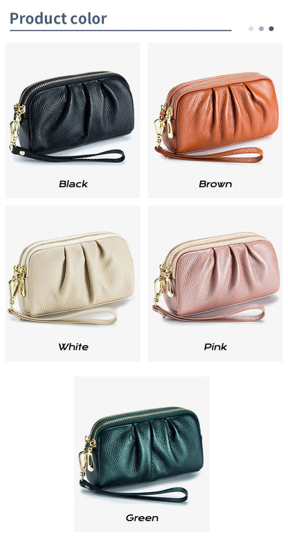 Portefeuille Femme Cuir Véritable Grande Capacité - Porte-Monnaie Long Zippé Multifonction avec Dragonne
