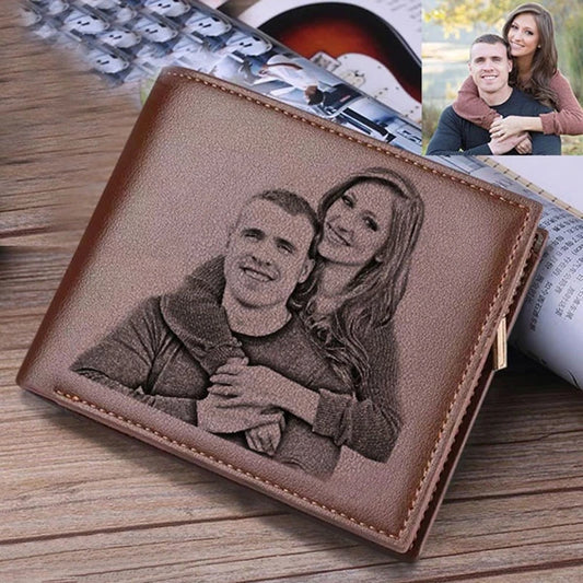Portefeuille Homme Gravé Photo Personnalisé - Cuir Trifold Ultra-Mince avec Pince à Billets