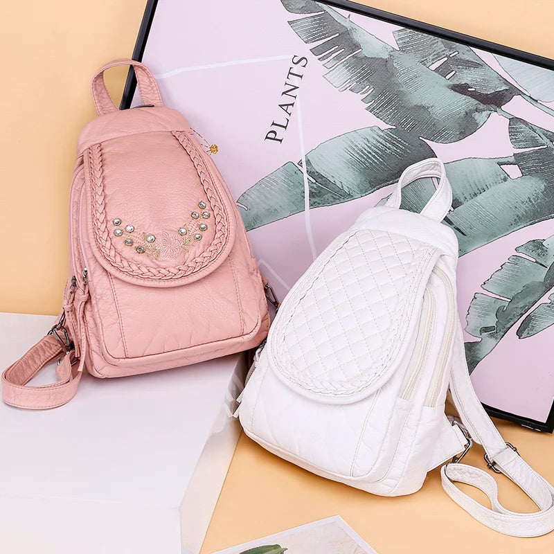 Sac à Dos Femme Cuir Blanc Souple - Backpack École Voyage Élégant Lavé