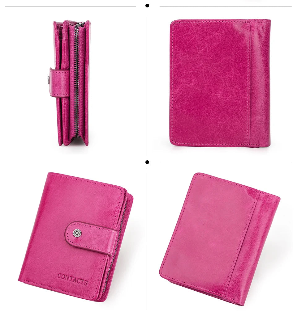 Portefeuille Femme Cuir Véritable Luxe Rose - Porte-Monnaie Compact Fermoir Hasp Porte-Carte Qualité