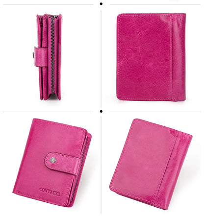 Portefeuille Femme Cuir Véritable Luxe Rose - Porte-Monnaie Compact Fermoir Hasp Porte-Carte Qualité