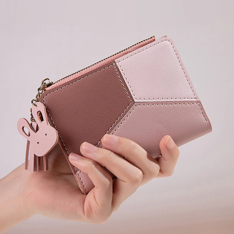 Portefeuille Femme Court avec Pompon - Porte-Monnaie PU Bicolore