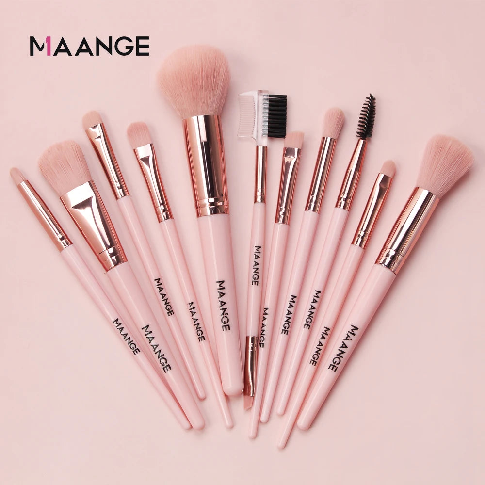 Set Pinceaux Maquillage MAANGE 12pcs Rose - Poudre Fard Paupières Eyeliner Sourcils Pro
