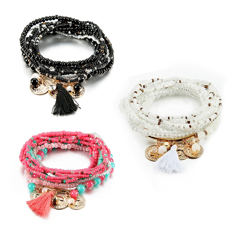 Bracelet Bohème Multicouche Femme - Perles Verre Pampille Or - Bijoux Fantaisie