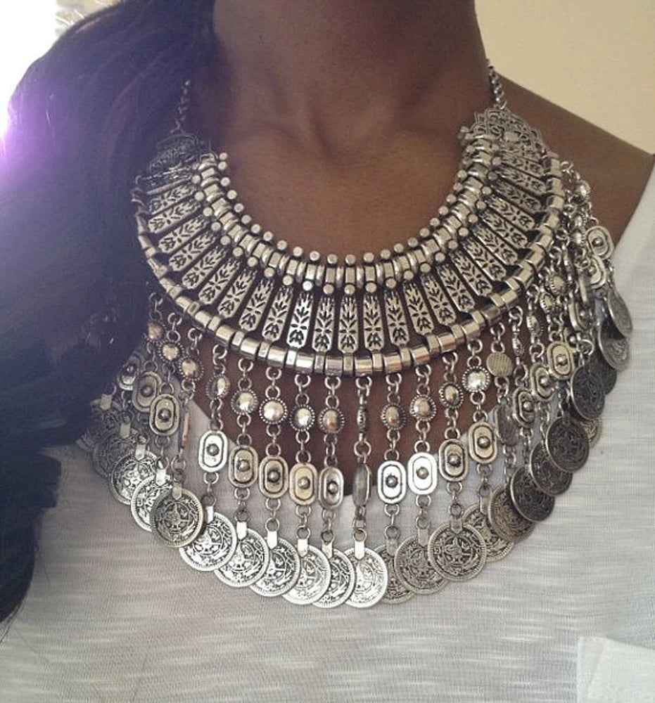 Parure Bijoux Afghan Bohème – Collier Choker Pièces Pompons Boucles