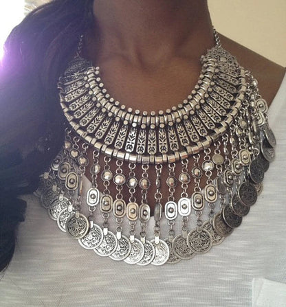 Parure Bijoux Afghan Bohème – Collier Choker Pièces Pompons Boucles