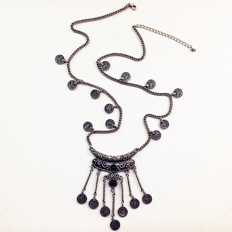 Collier Long Bohème Pièces Pompons – Sautoir Statement Gypsy Vintage