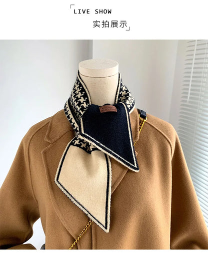 Foulard Écharpe Pied-de-Poule Luxe Femme - Tricot Long Mince Hiver Cou
