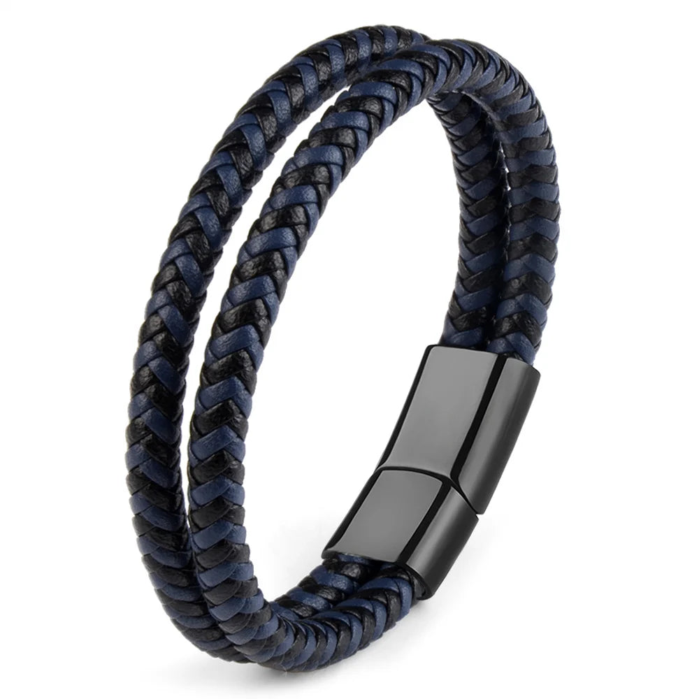 Bracelet Cuir Véritable Double Corde Tressée Homme – Fermoir Magnétique Acier